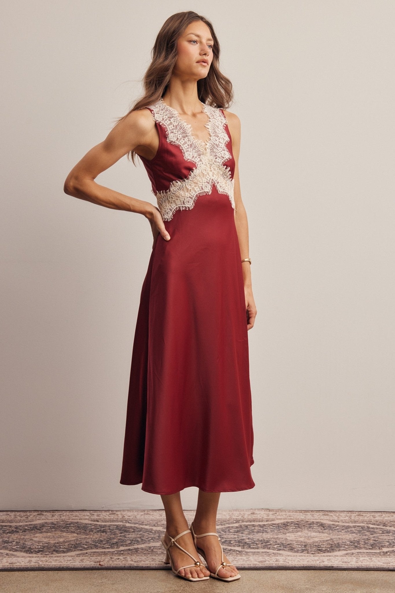Calla Lace Trim Satin Midi Dress - Westly