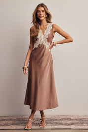 Calla Lace Trim Satin Midi Dress - Westly