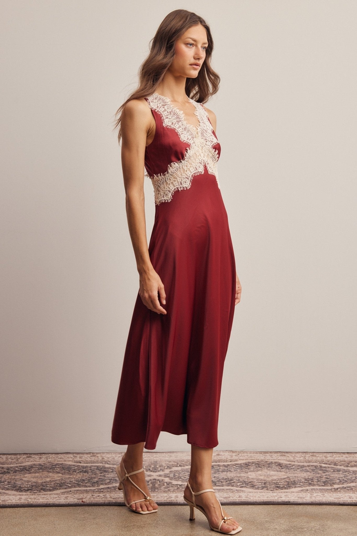 Calla Lace Trim Satin Midi Dress - Westly