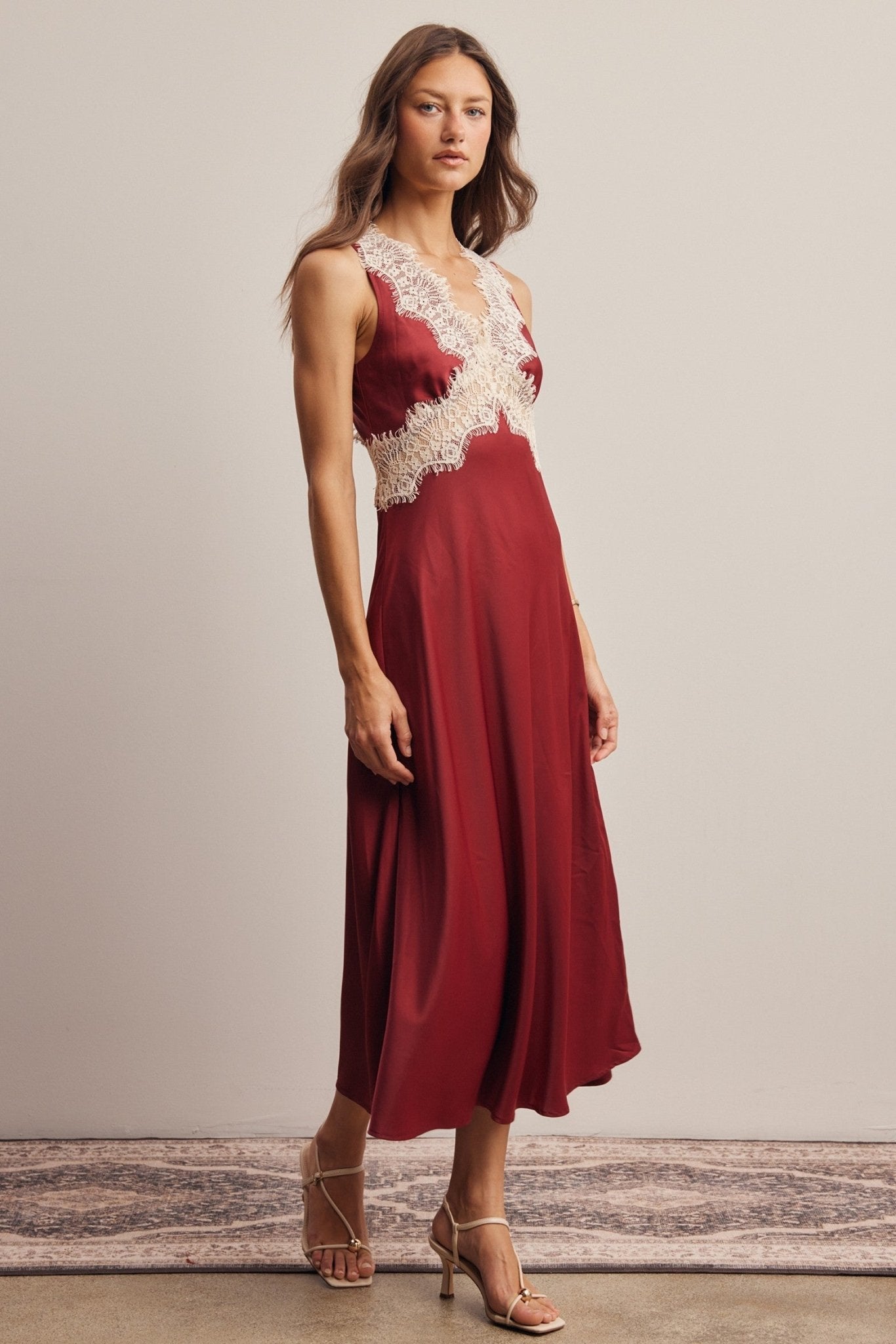 Calla Lace Trim Satin Midi Dress - Westly