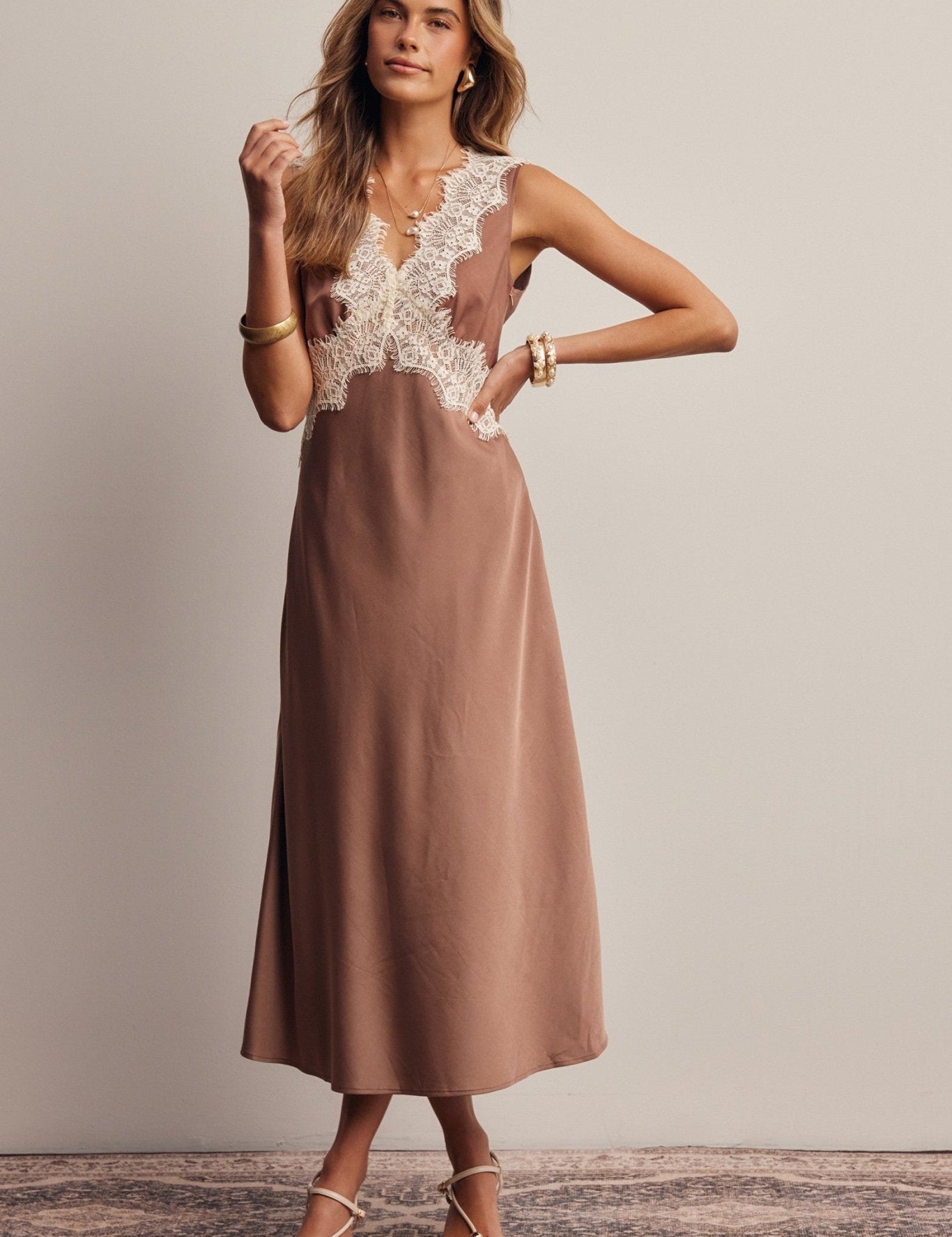 Calla Lace Trim Satin Midi Dress - Westly