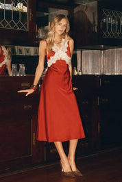 Calla Lace Trim Satin Midi Dress in Burgundy, photo 2