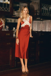Calla Lace Trim Satin Midi Dress in Burgundy, photo 3