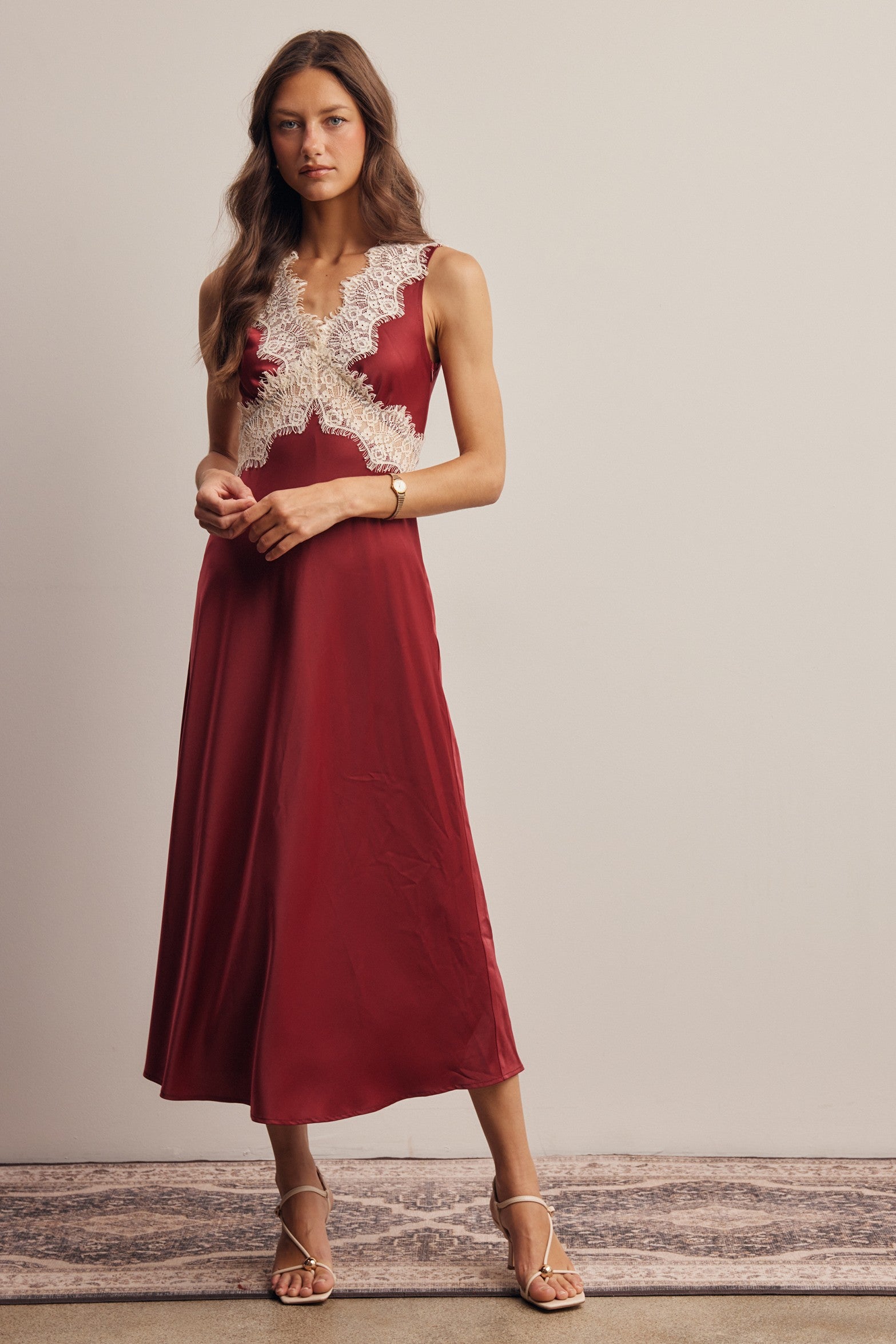 Calla Lace Trim Satin Midi Dress in Burgundy, photo 6