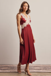 Calla Lace Trim Satin Midi Dress in Burgundy, photo 8
