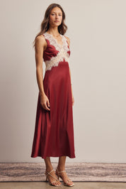 Calla Lace Trim Satin Midi Dress in Burgundy, photo 10