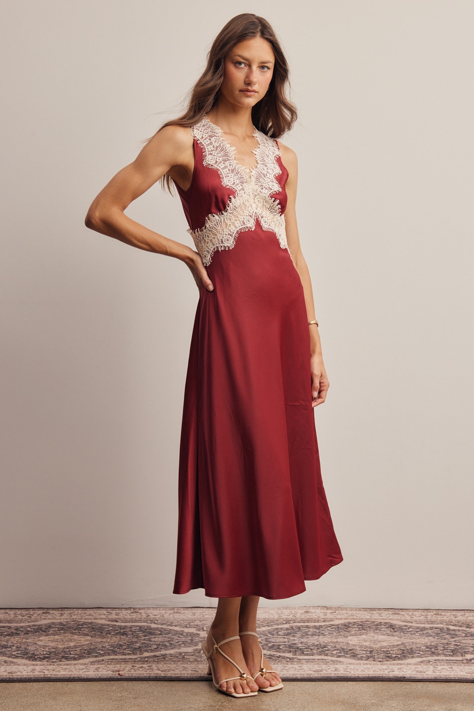 Calla Lace Trim Satin Midi Dress in Burgundy, photo 11