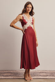 Calla Lace Trim Satin Midi Dress in Burgundy, photo 11