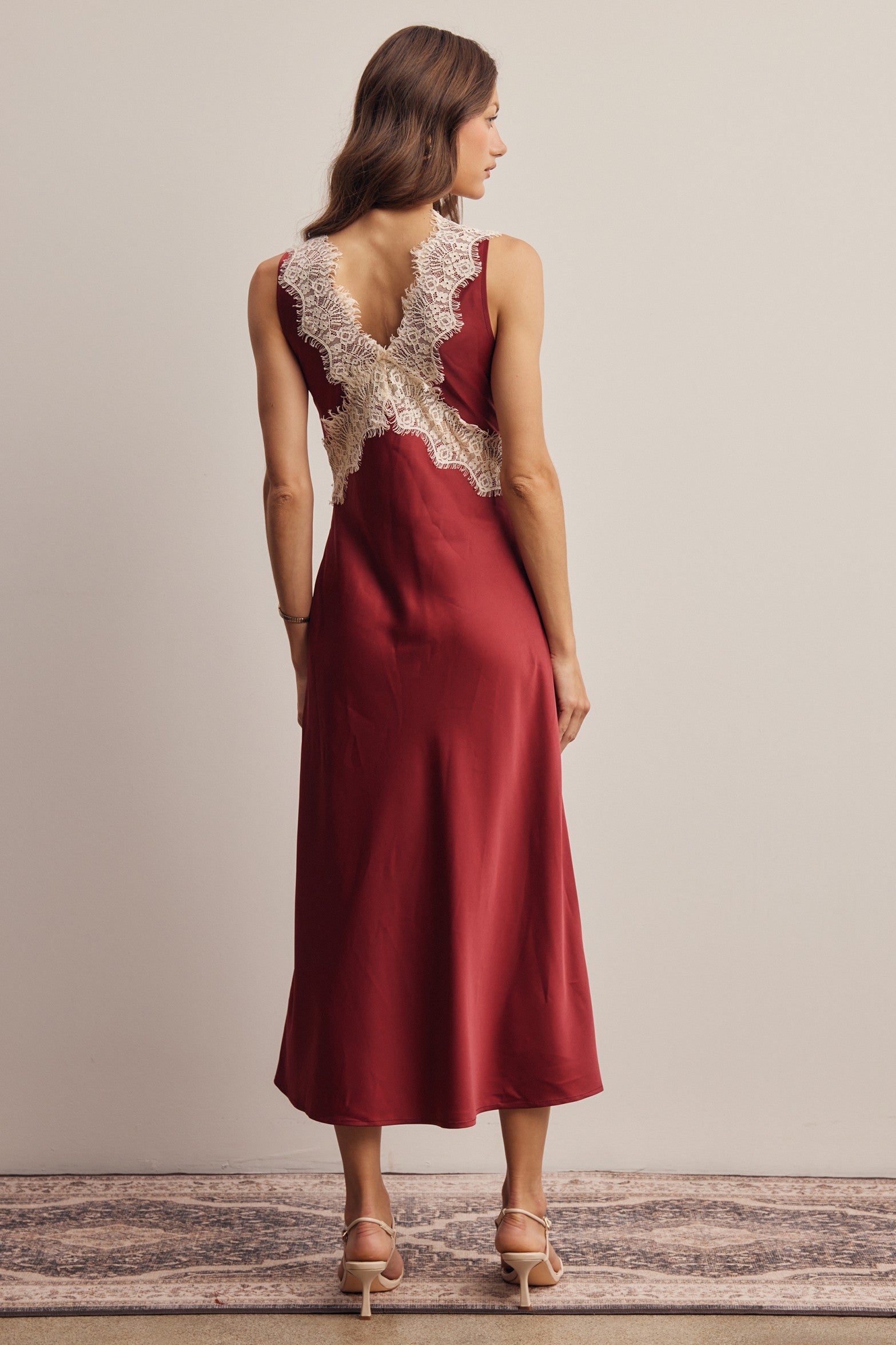 Calla Lace Trim Satin Midi Dress in Burgundy, photo 13