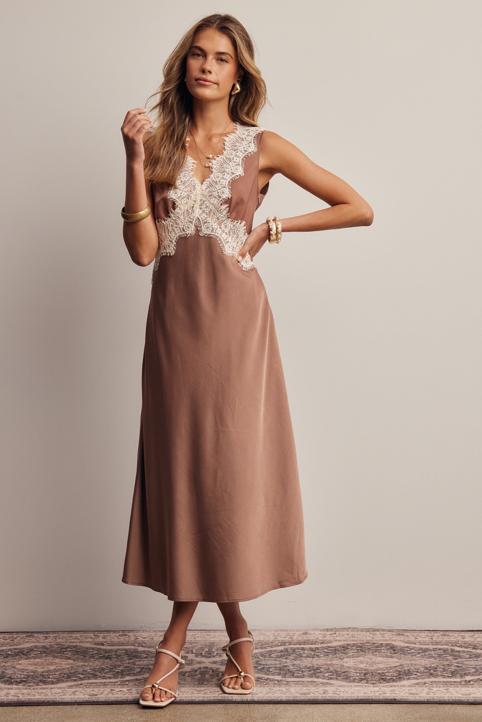 Calla Lace Trim Satin Midi Dress in Cocoa, photo 2