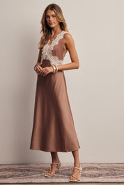 Calla Lace Trim Satin Midi Dress in Cocoa, photo 9