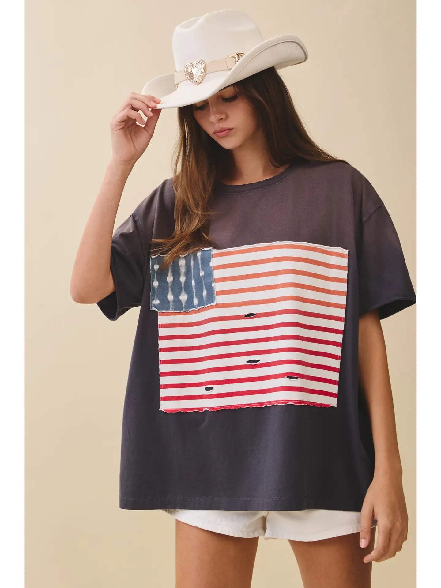 Callie Americana Distressed Flag Patch Tee - Westly
