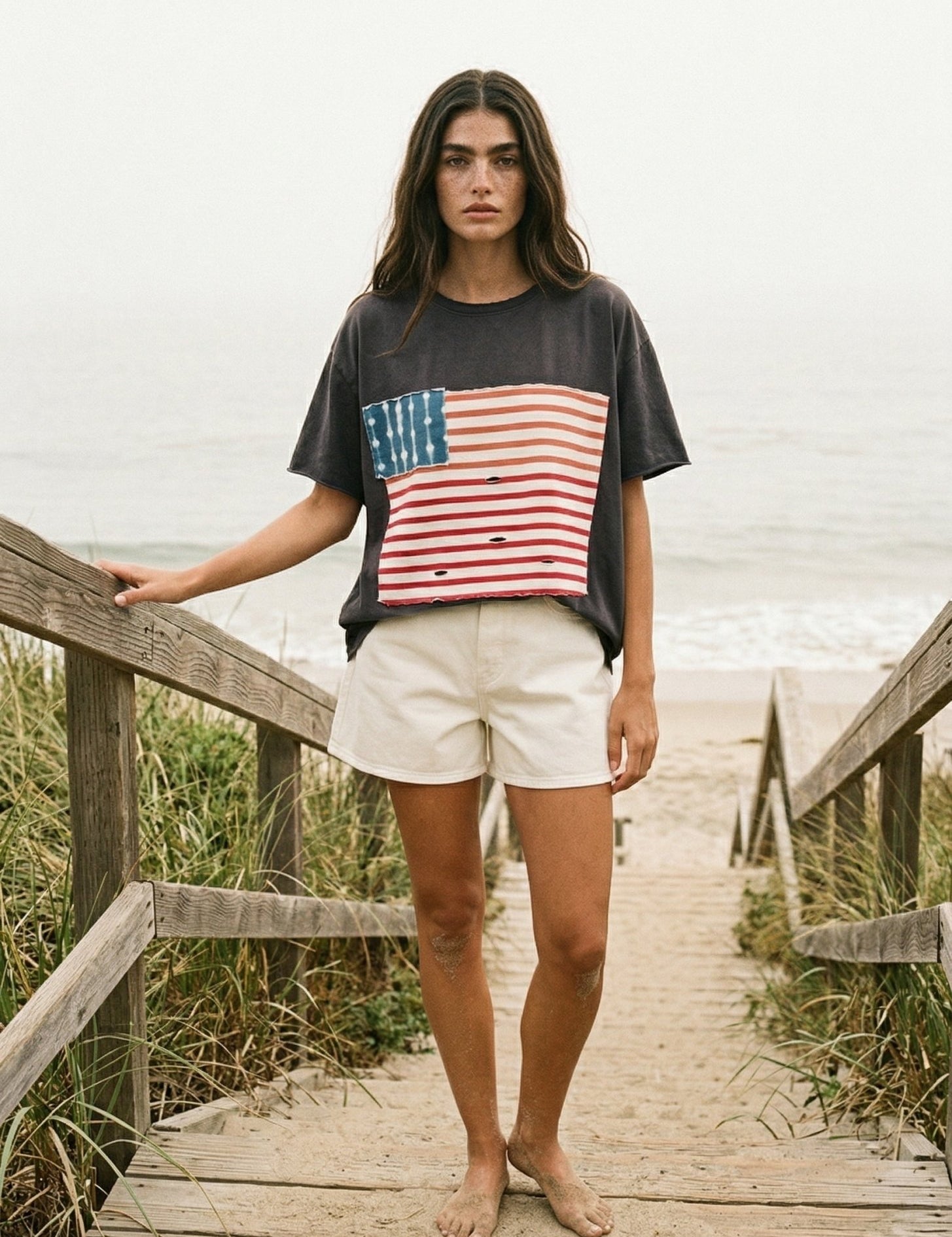 Callie Americana Distressed Flag Patch Tee - Westly