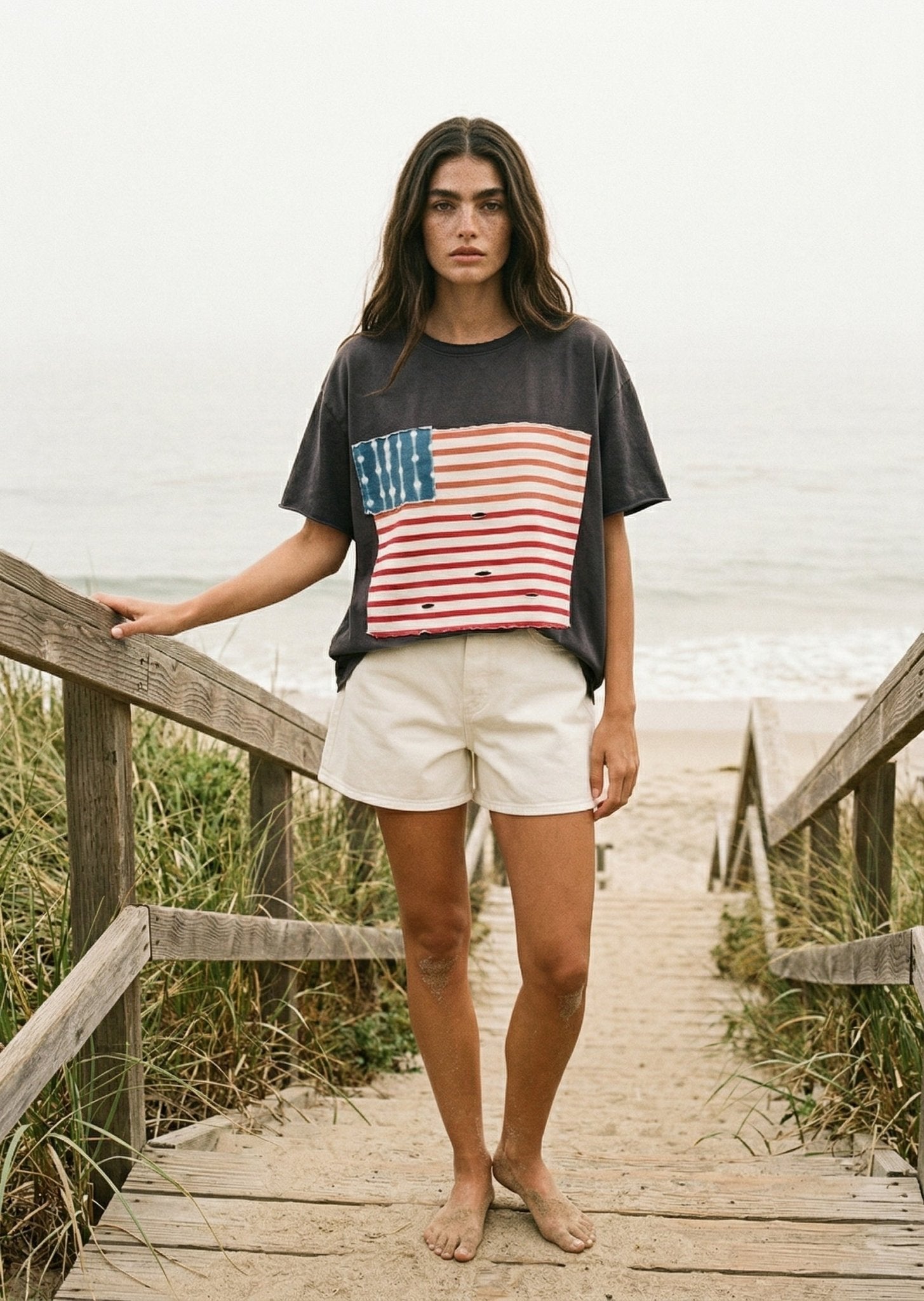 Callie Americana Distressed Flag Patch Tee - Westly
