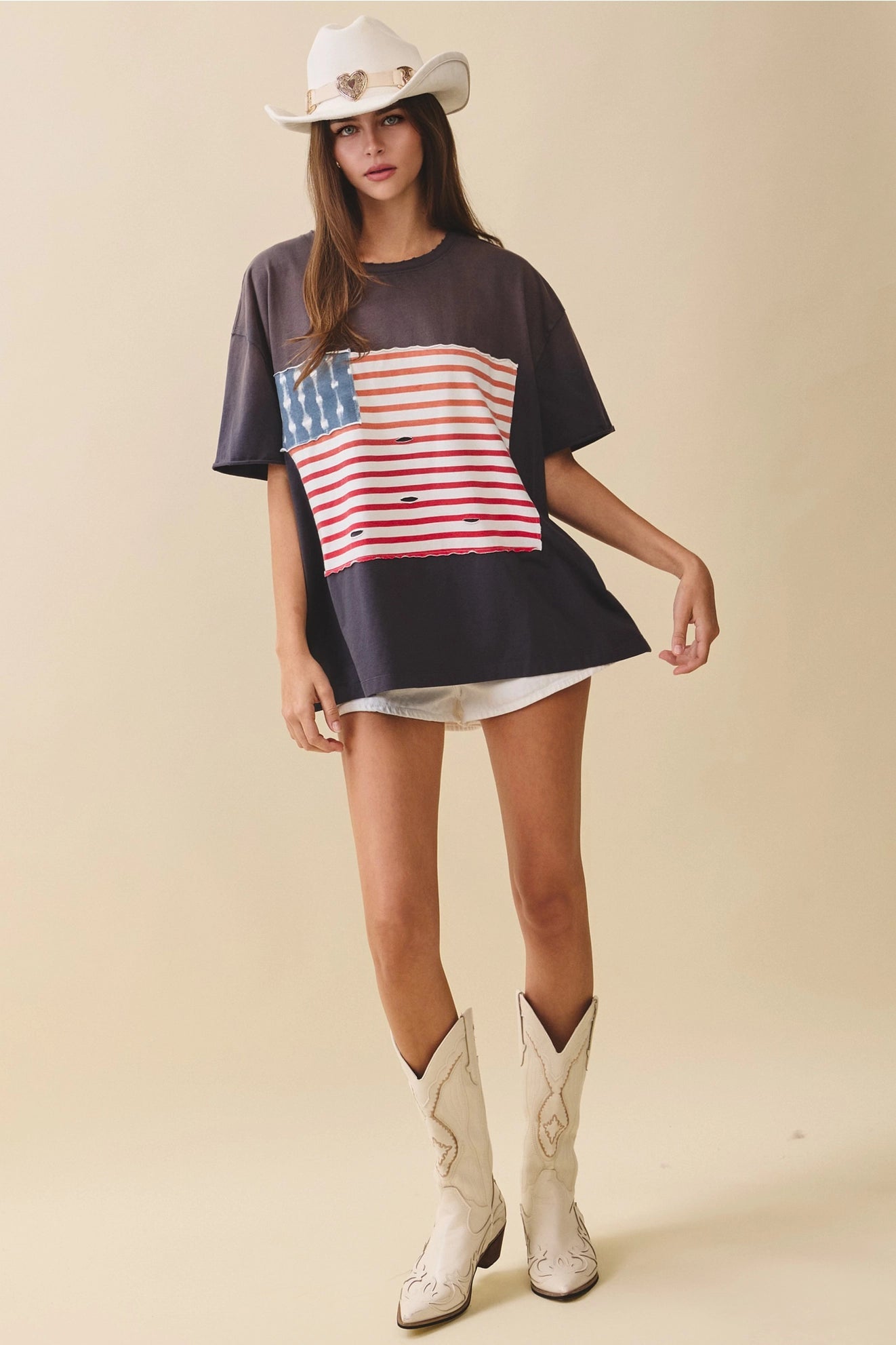 Callie Americana Distressed Flag Patch Tee - Westly
