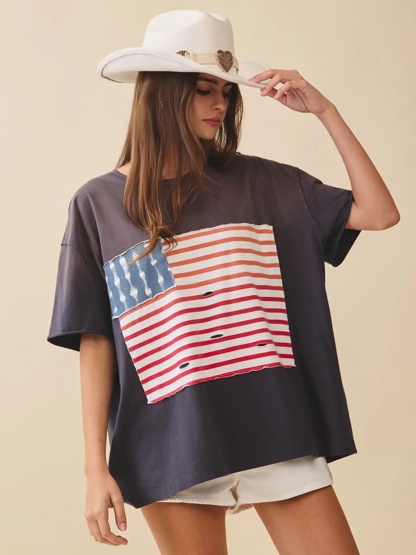 Callie Americana Distressed Flag Patch Tee - Westly