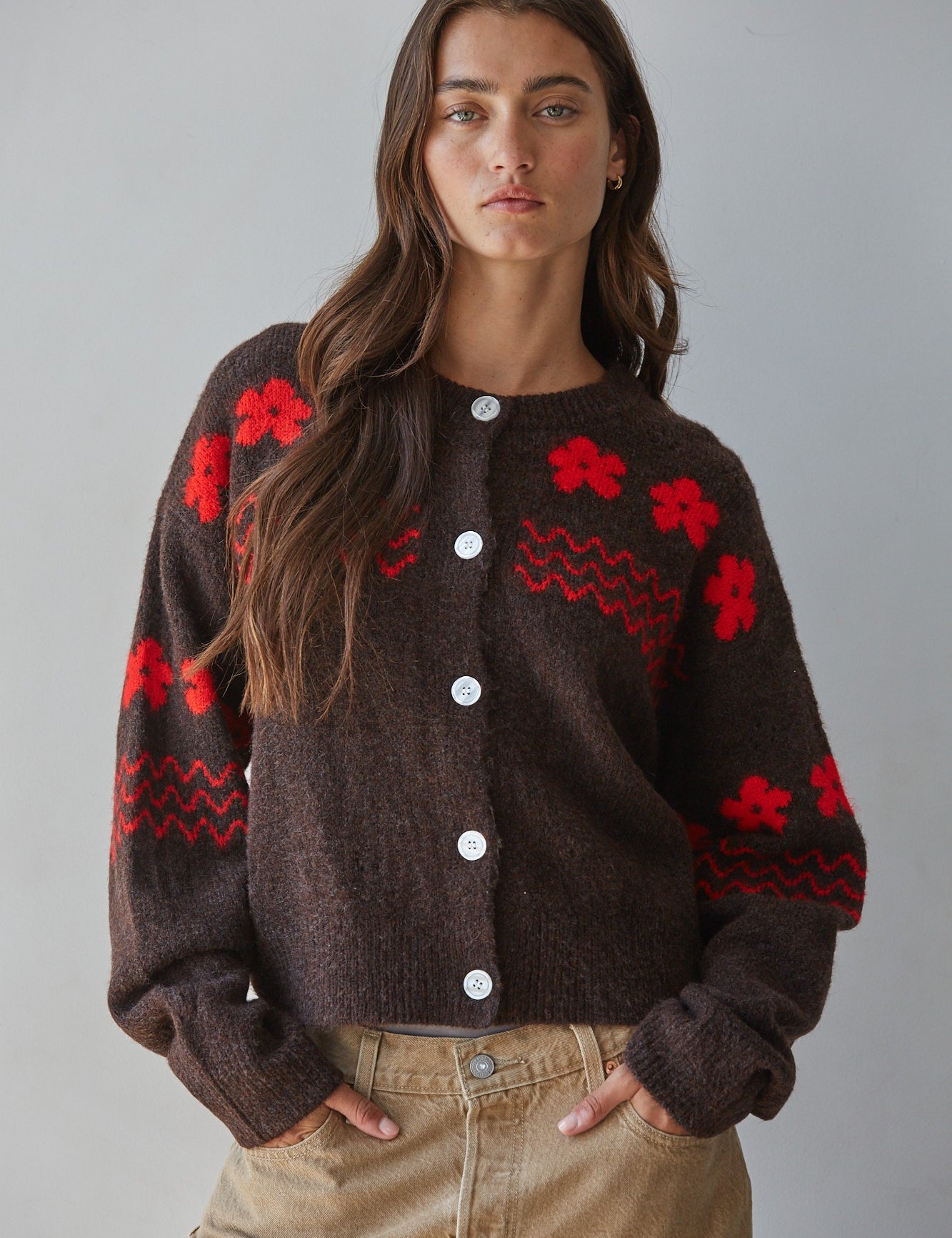 Camellia Floral Contrast Cardigan in Dark Chocolate Red - product photo 1
