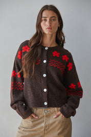 Camellia Floral Contrast Cardigan in Dark Chocolate Red - product photo 1
