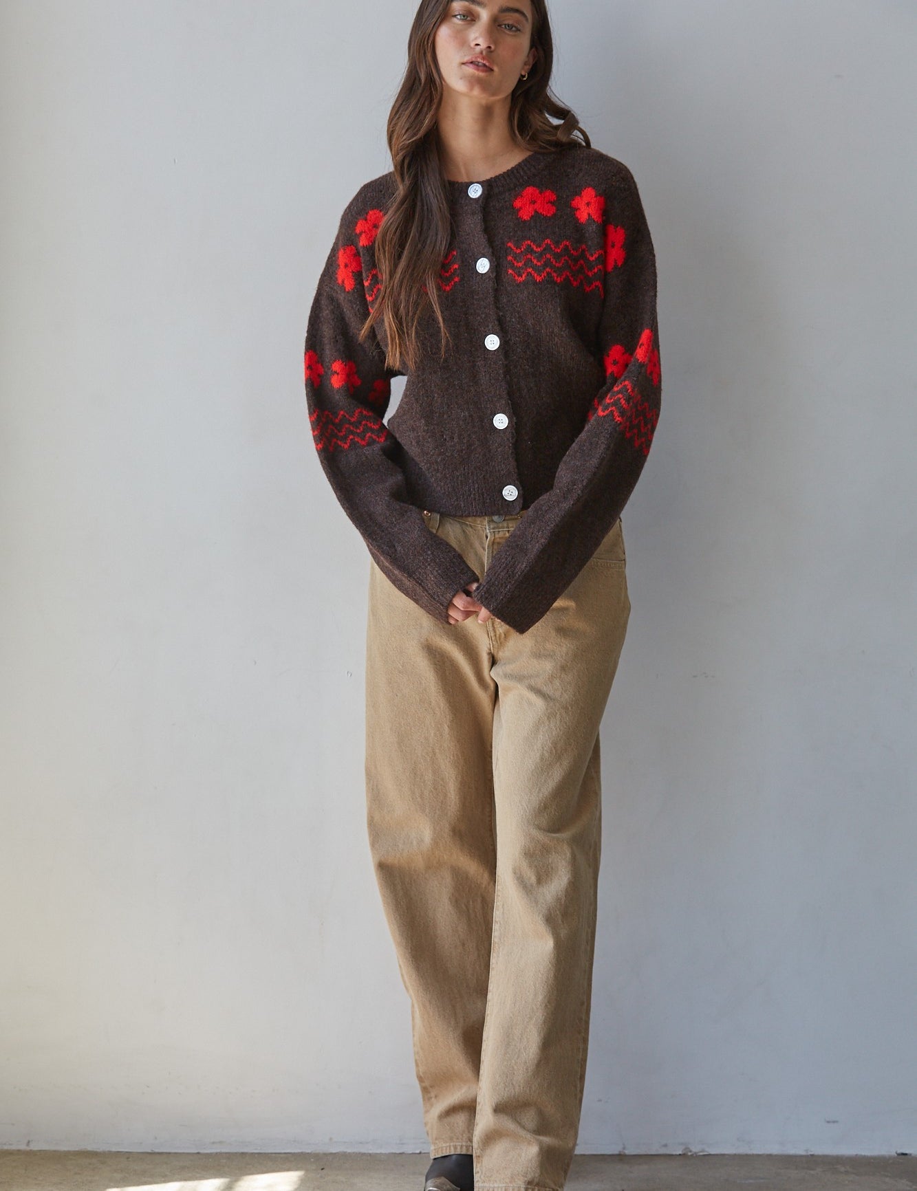 Camellia Floral Contrast Cardigan in Dark Chocolate Red - product photo 2