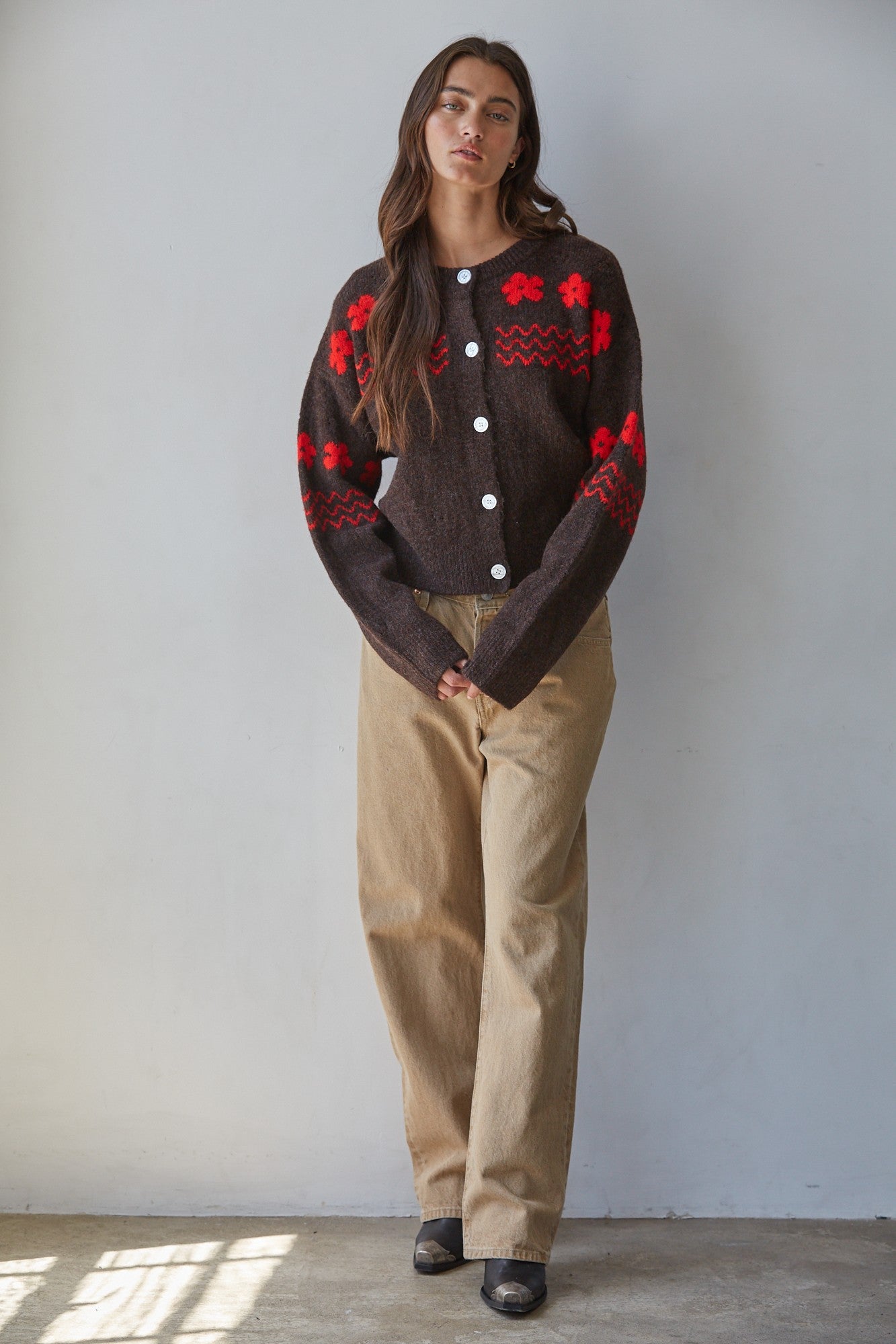 Camellia Floral Contrast Cardigan in Dark Chocolate Red - product photo 2