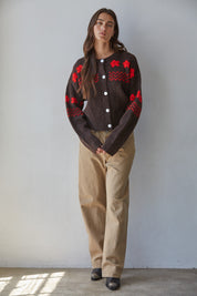 Camellia Floral Contrast Cardigan in Dark Chocolate Red - product photo 2