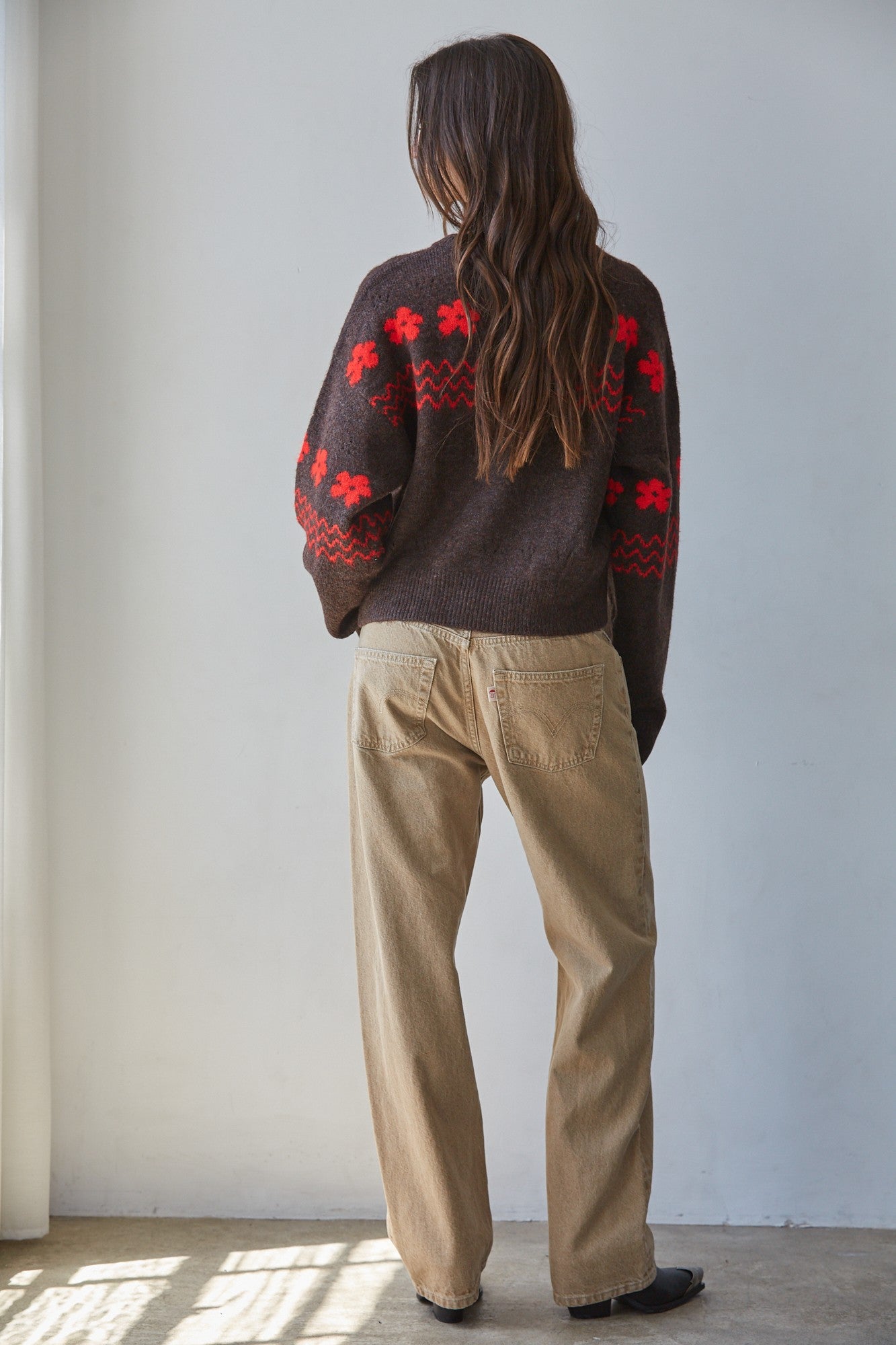 Camellia Floral Contrast Cardigan in Dark Chocolate Red - product photo 3