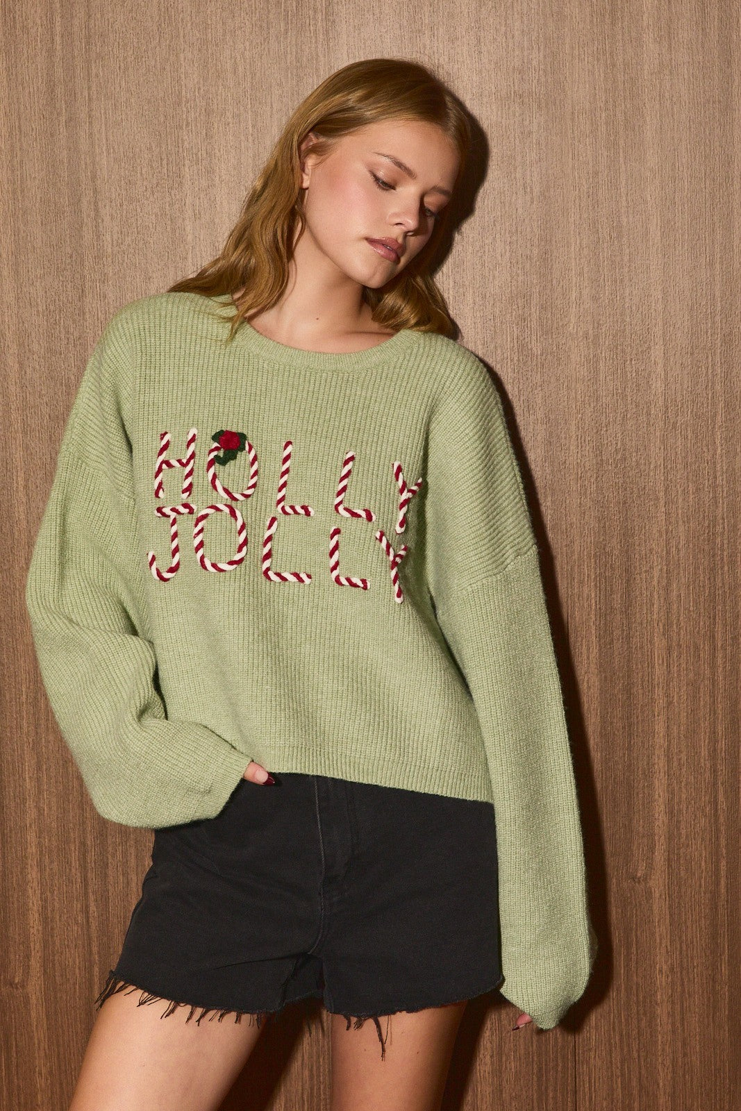 Candy Cane Lane Holly Jolly Cropped Sweater in Light Green — product photo 01