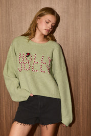 Candy Cane Lane Holly Jolly Cropped Sweater in Light Green — product photo 01