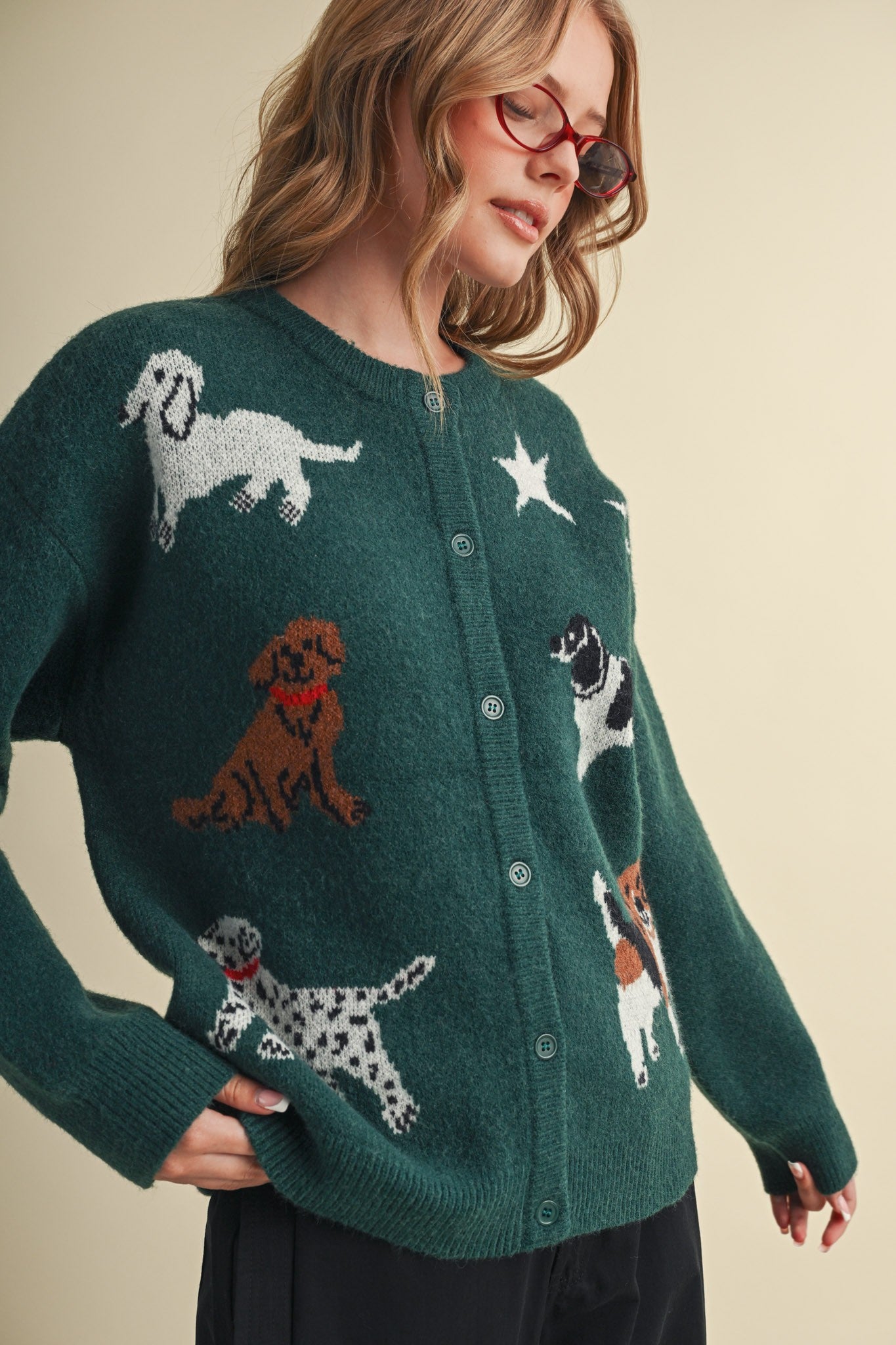 Canine Club Dog Motif Cardigan in Forest Green - product photo 1