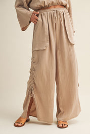 Canyon Breeze Wide Leg Gauze Pants With Side Cinching - Westly