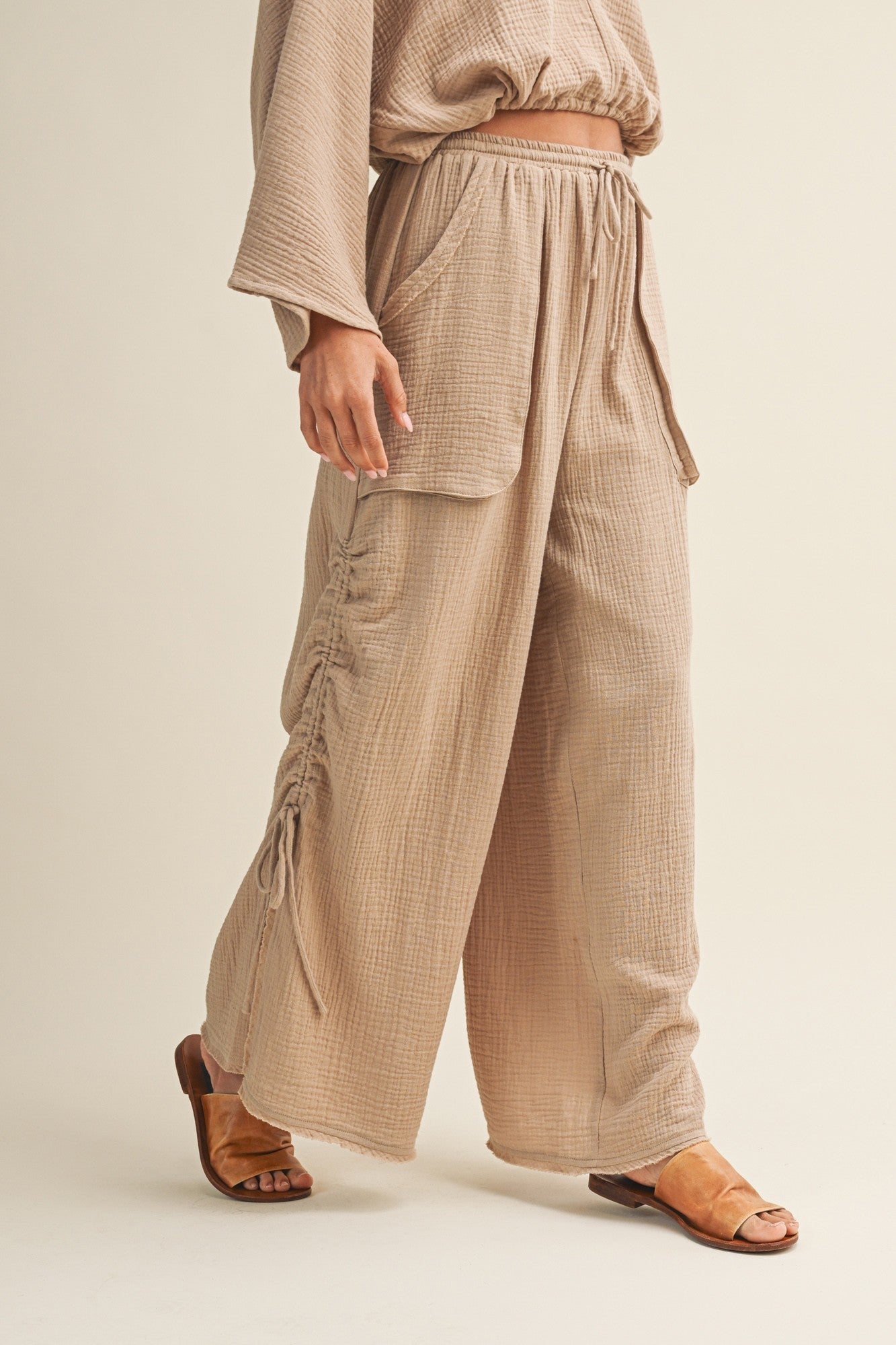 Canyon Breeze Wide Leg Gauze Pants With Side Cinching - Westly