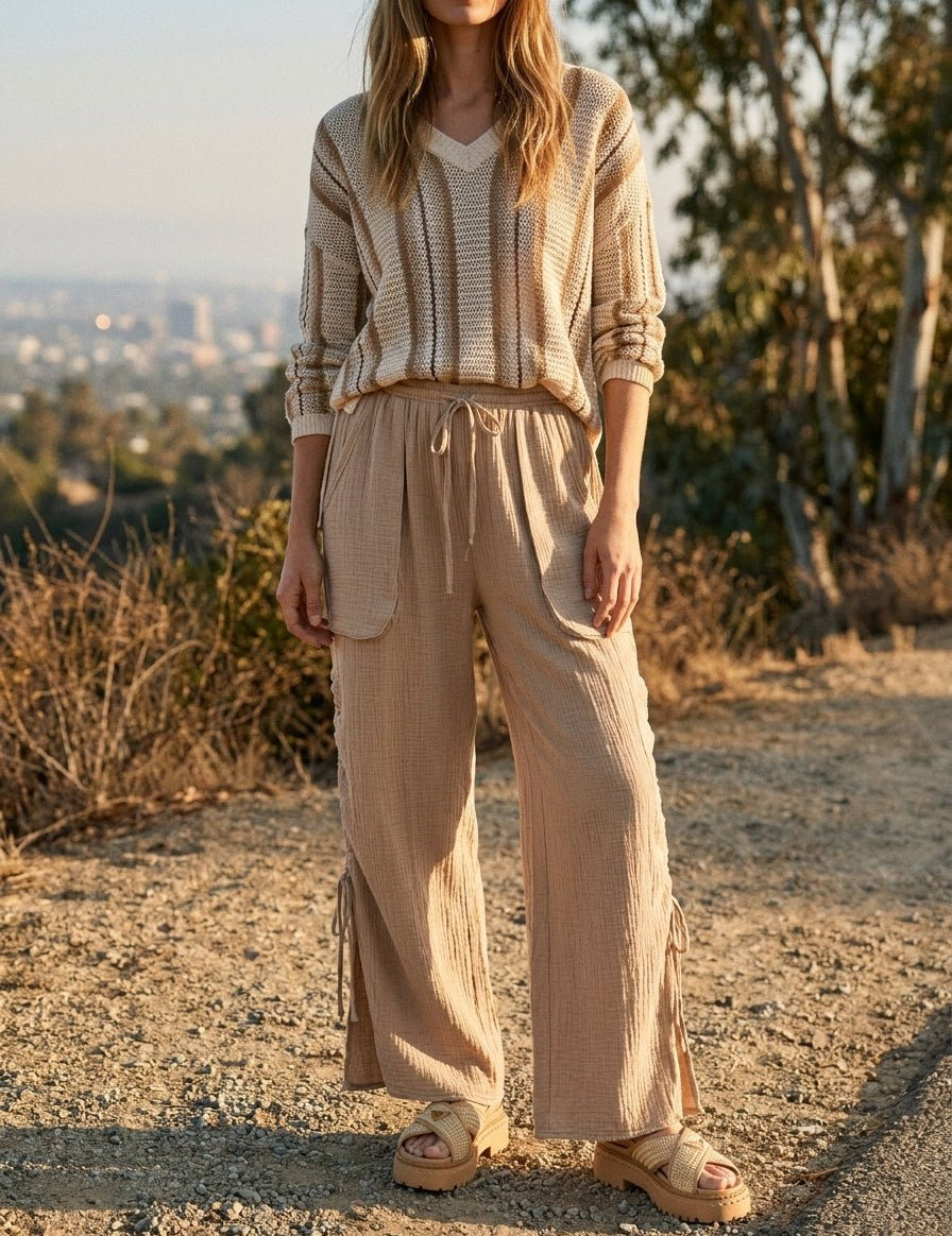 Canyon Breeze Wide Leg Gauze Pants With Side Cinching - Westly
