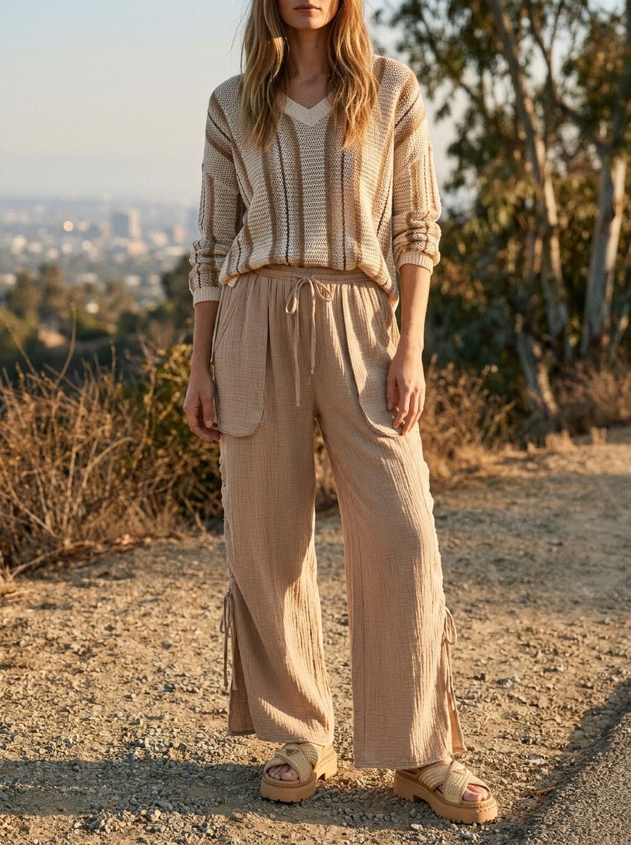 Canyon Breeze Wide Leg Gauze Pants With Side Cinching - Westly