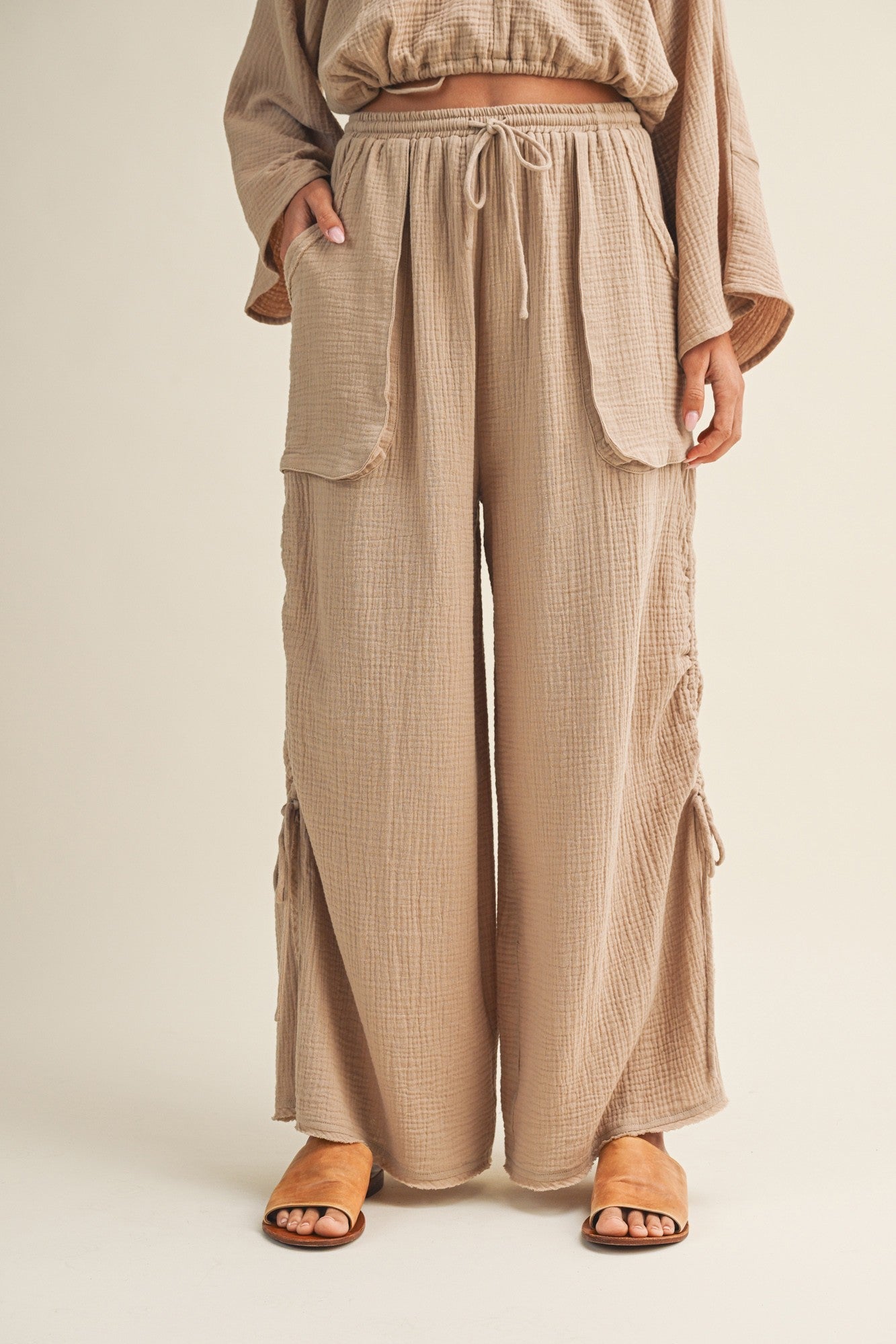 Canyon Breeze Wide Leg Gauze Pants With Side Cinching - Westly