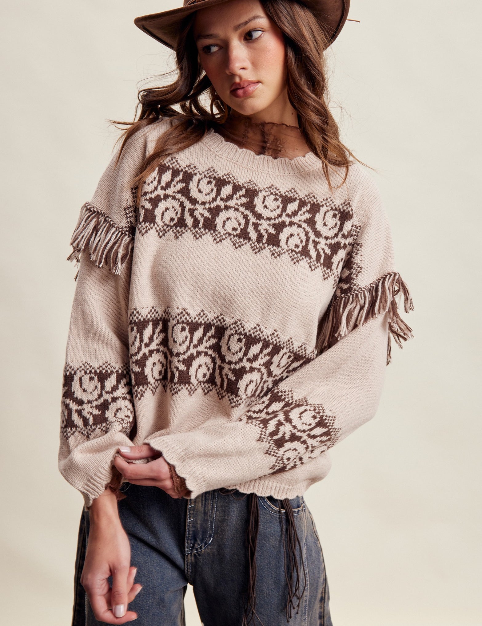 Canyon Echo Fringe Knit Sweater in Sand Stone - product photo 1
