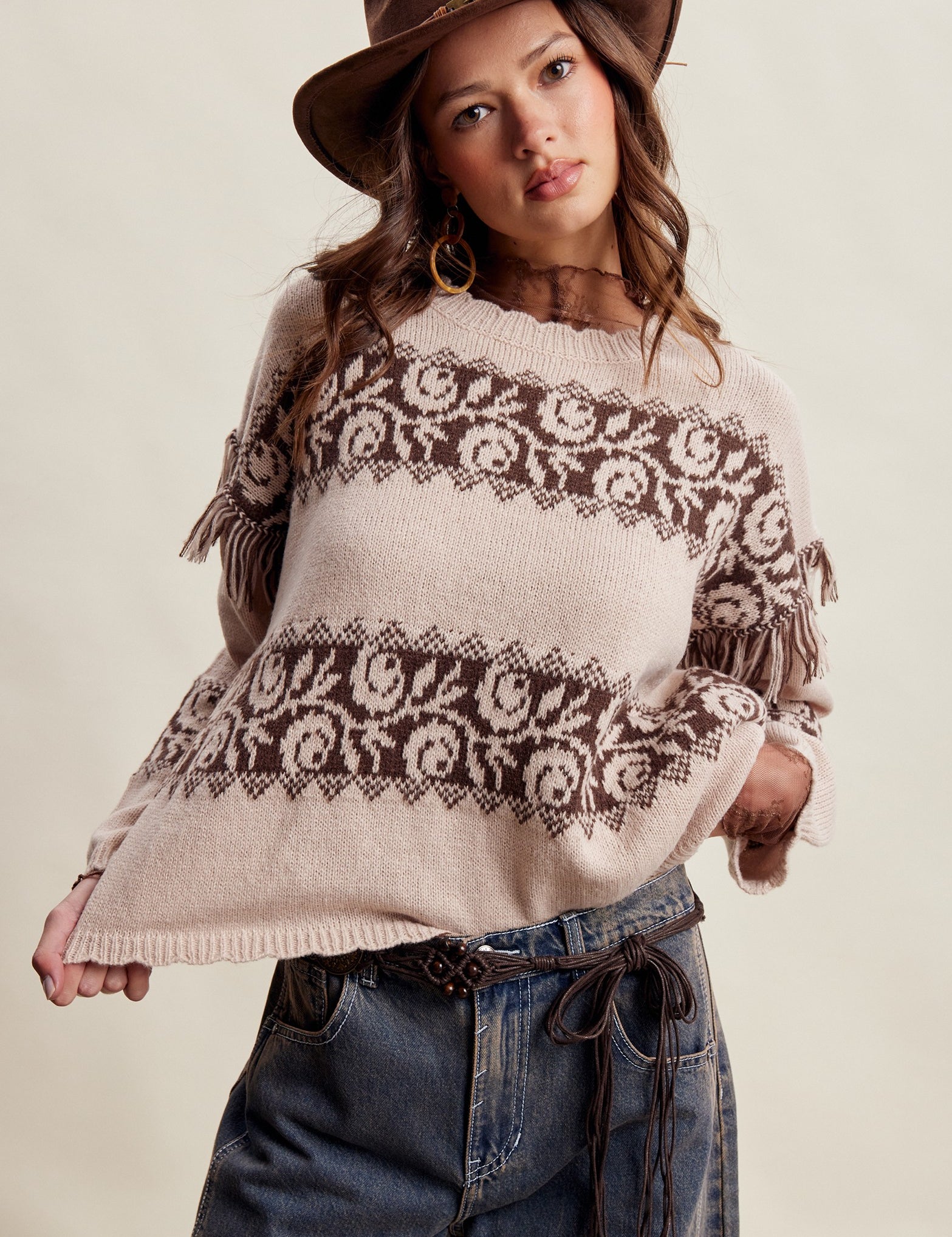 Canyon Echo Fringe Knit Sweater in Sand Stone - product photo 2