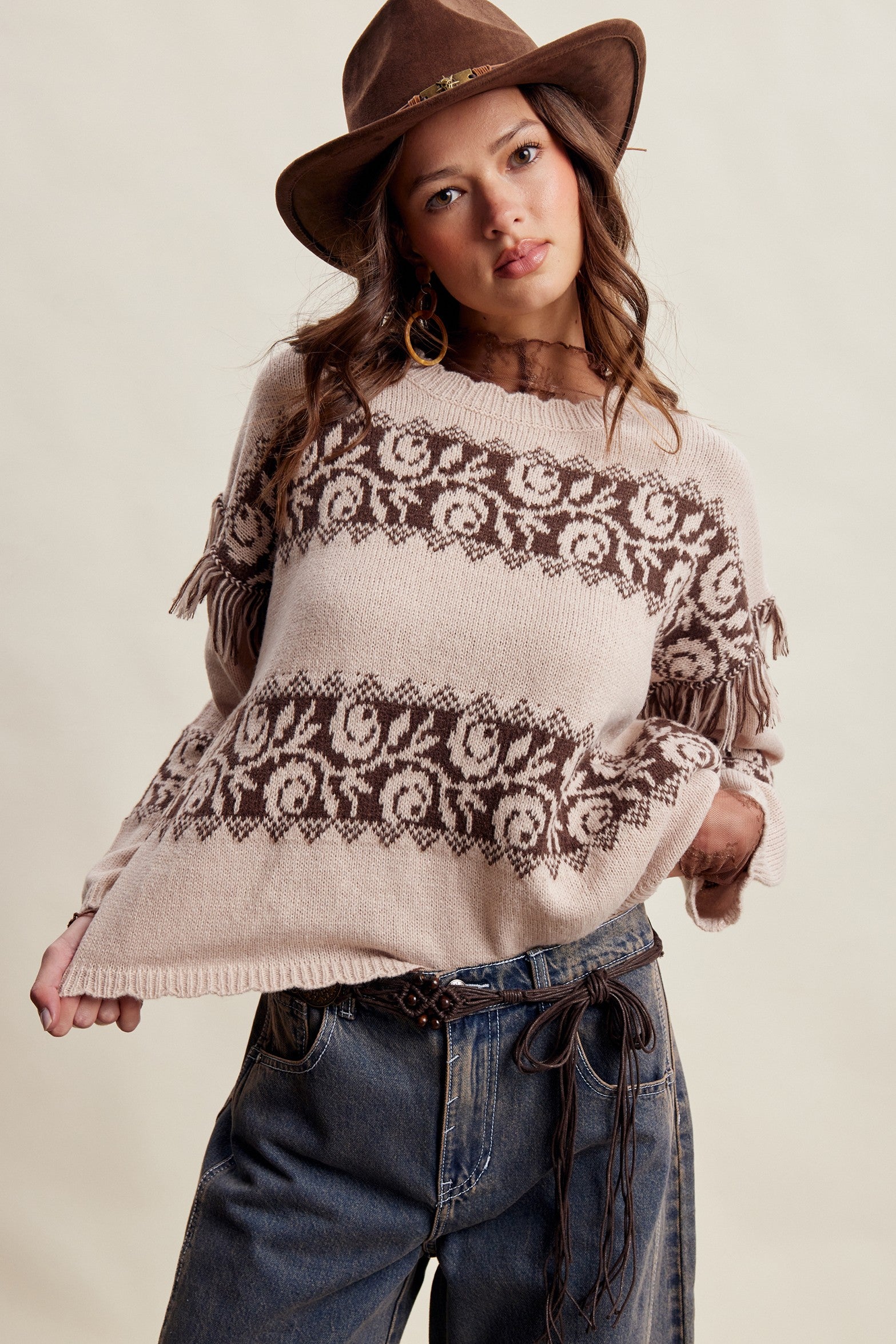 Canyon Echo Fringe Knit Sweater in Sand Stone - product photo 2