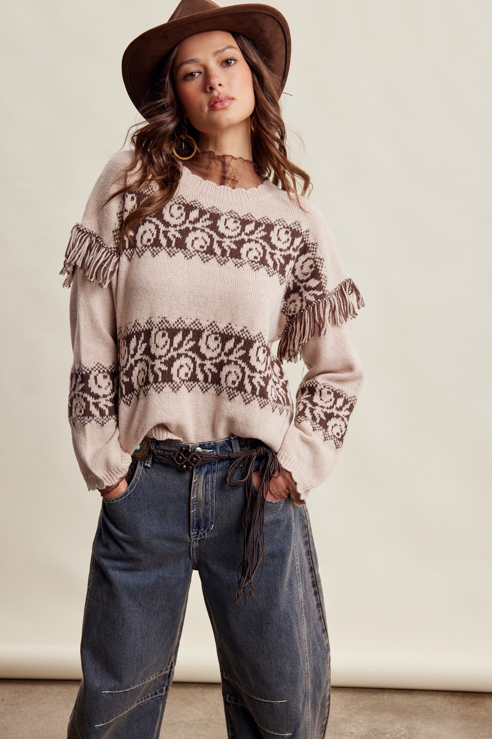 Canyon Echo Fringe Knit Sweater in Sand Stone - product photo 3