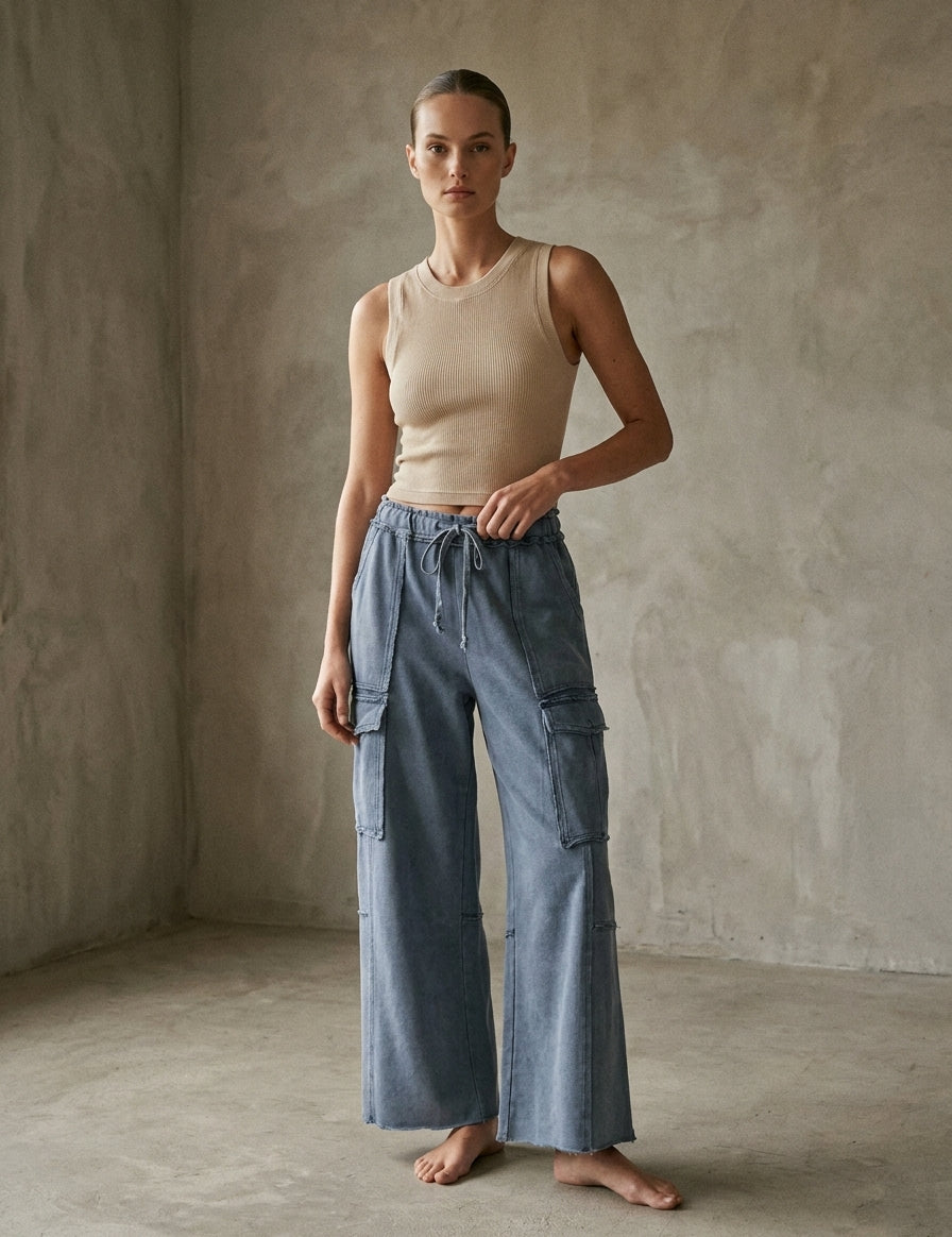 The Essential Mineral Washed Wide Leg Terry Cargo Pants