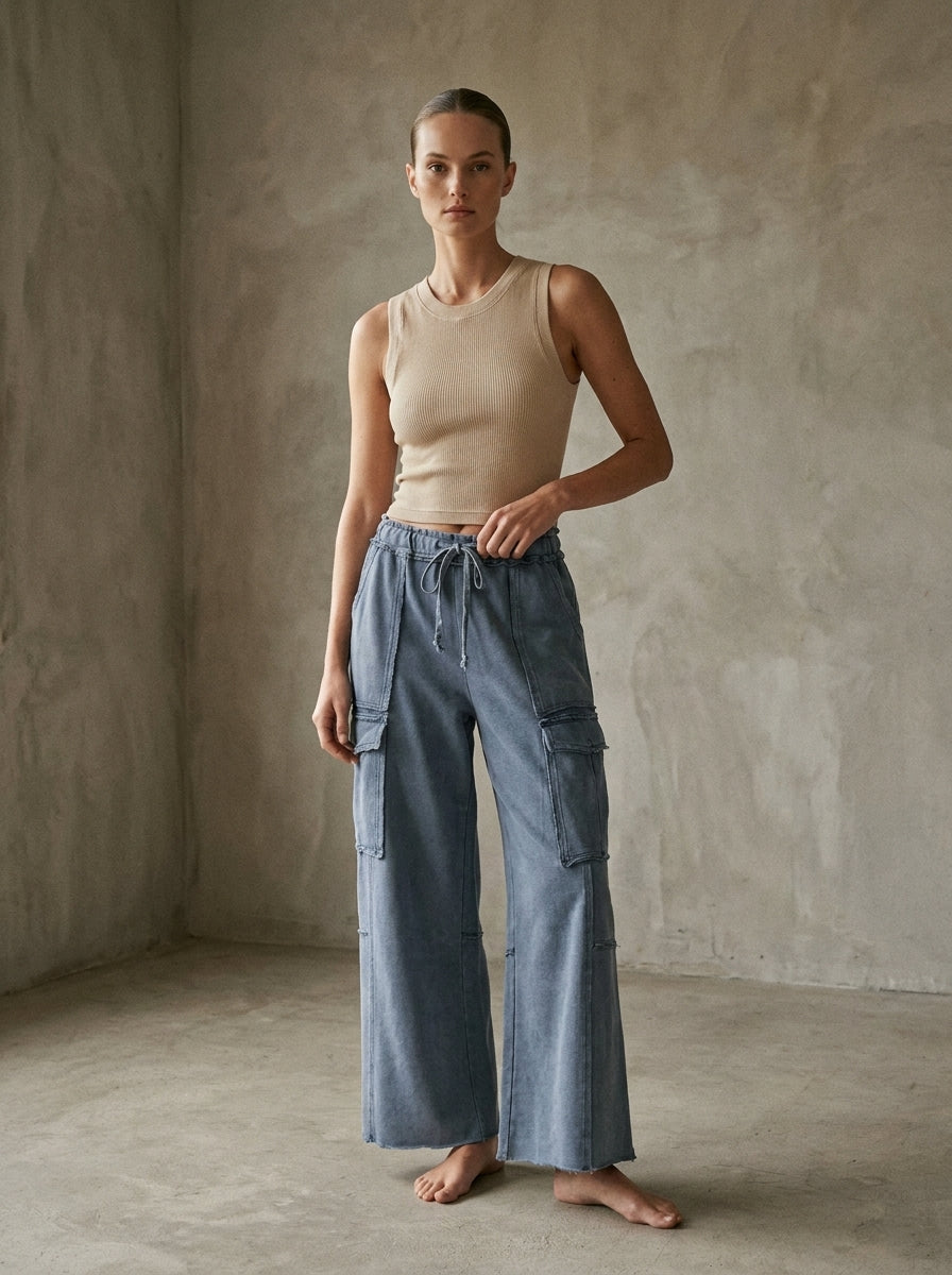 The Essential Mineral Washed Wide Leg Terry Cargo Pants