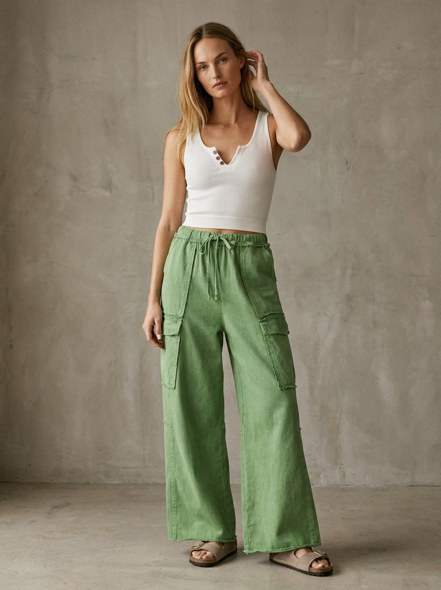 The Essential Mineral Washed Wide Leg Terry Cargo Pants
