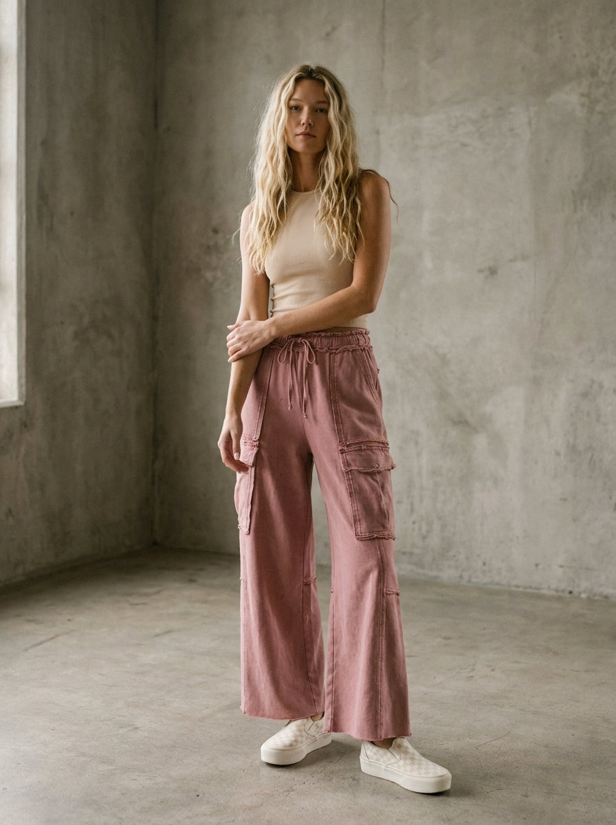 The Essential Mineral Washed Wide Leg Terry Cargo Pants