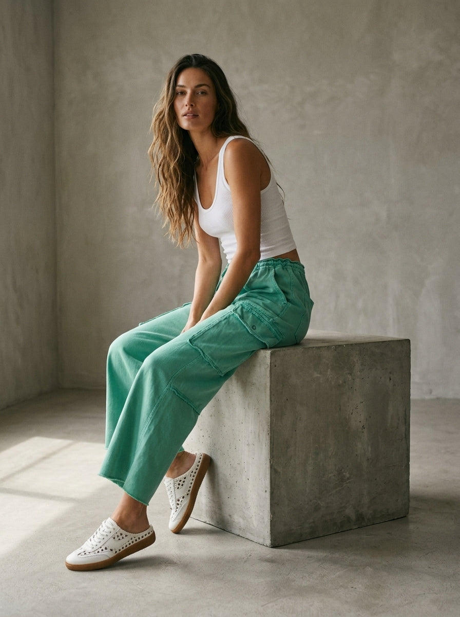 The Essential Mineral Washed Wide Leg Terry Cargo Pants