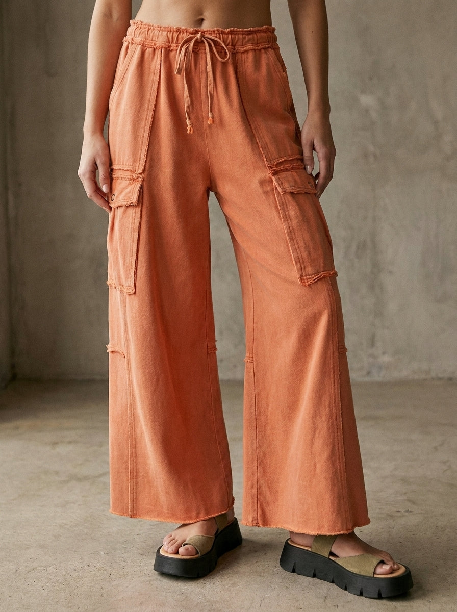 The Essential Mineral Washed Wide Leg Terry Cargo Pants