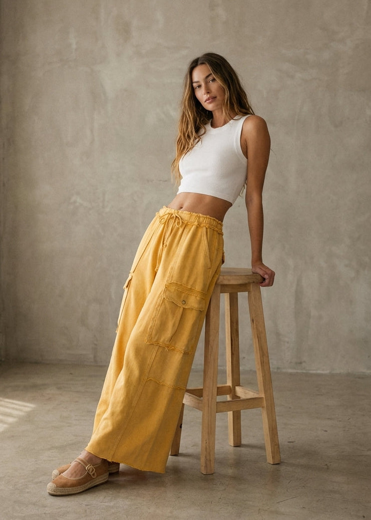The Essential Mineral Washed Wide Leg Terry Cargo Pants