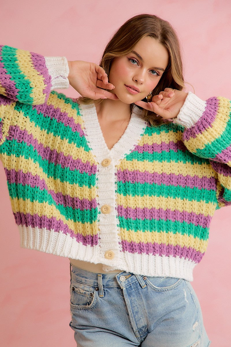 Carnival Club Open Knit Stripe Cardigan - Purple Green Yellow