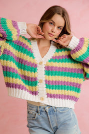 Carnival Club Open Knit Stripe Cardigan - Purple Green Yellow