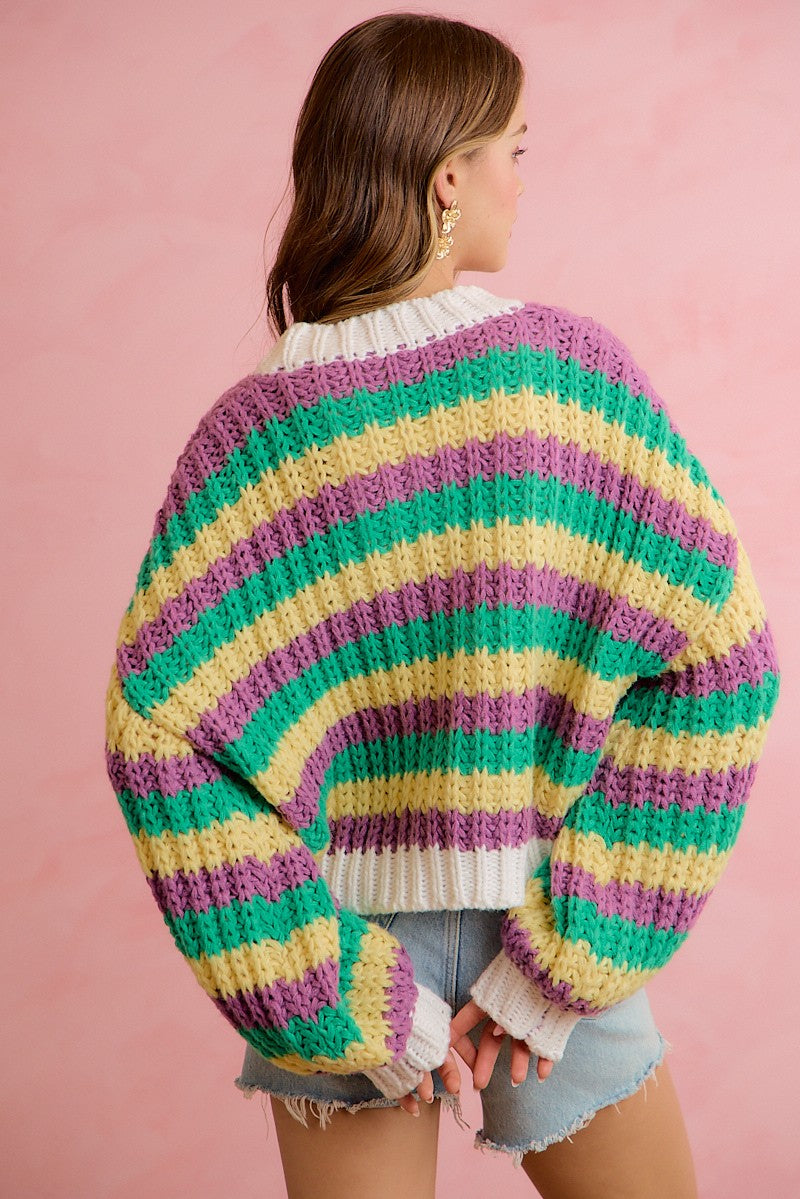 Carnival Club Open Knit Stripe Cardigan - Purple Green Yellow