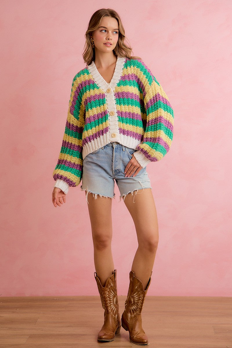 Carnival Club Open Knit Stripe Cardigan - Purple Green Yellow