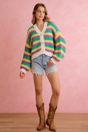 Carnival Club Open Knit Stripe Cardigan - Purple Green Yellow